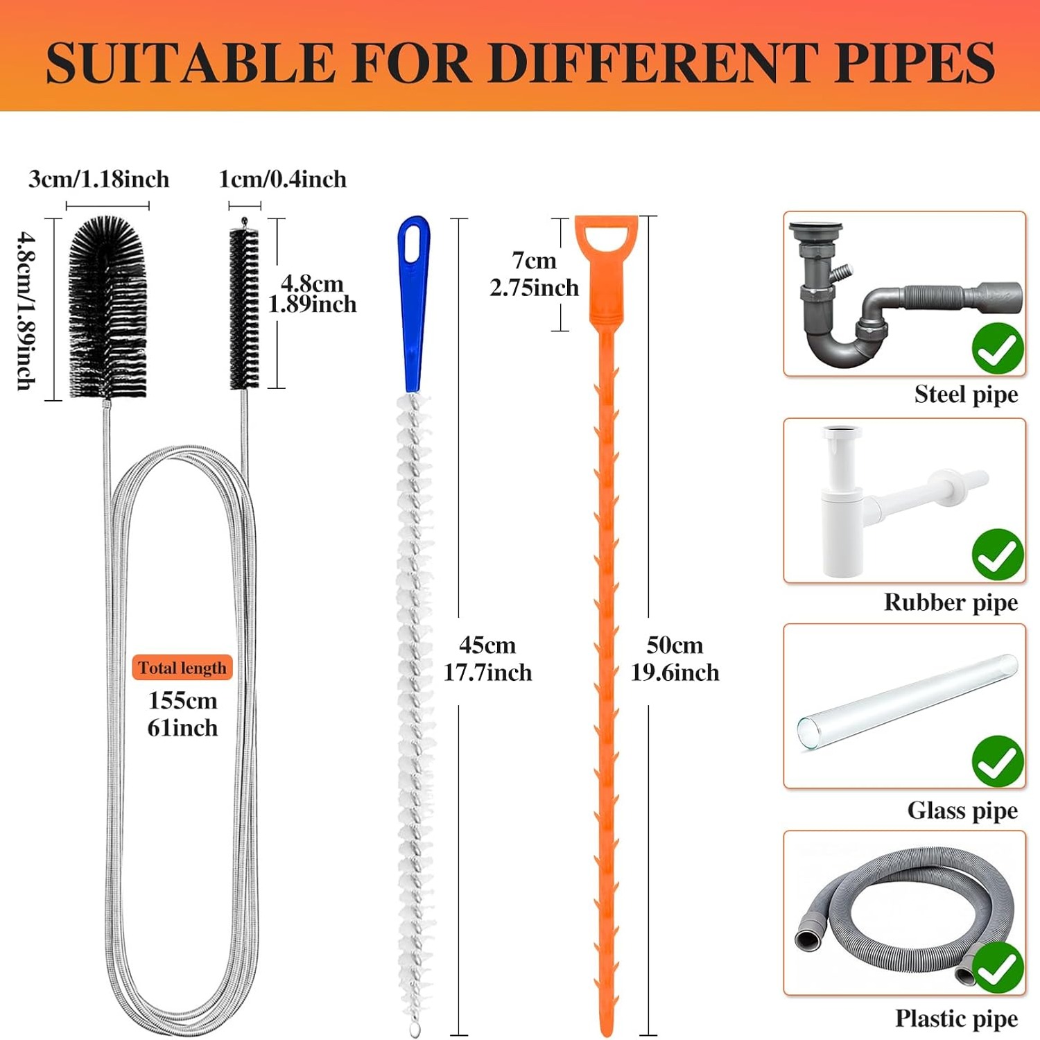Double Ended Drain Brush Set, 4 Piece Pipe Cleaning Kit: image 2