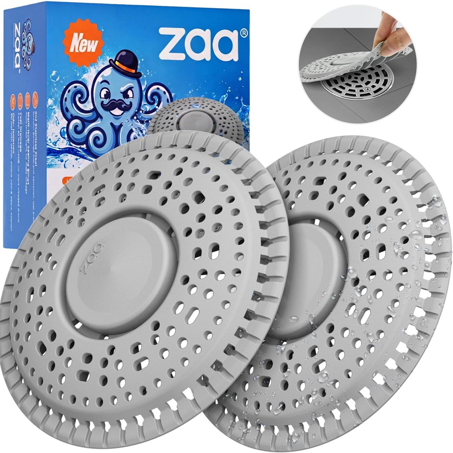 Silicone Shower Drain Cover 14cm Weighted Hair Catcher (2 Pack, Grey)