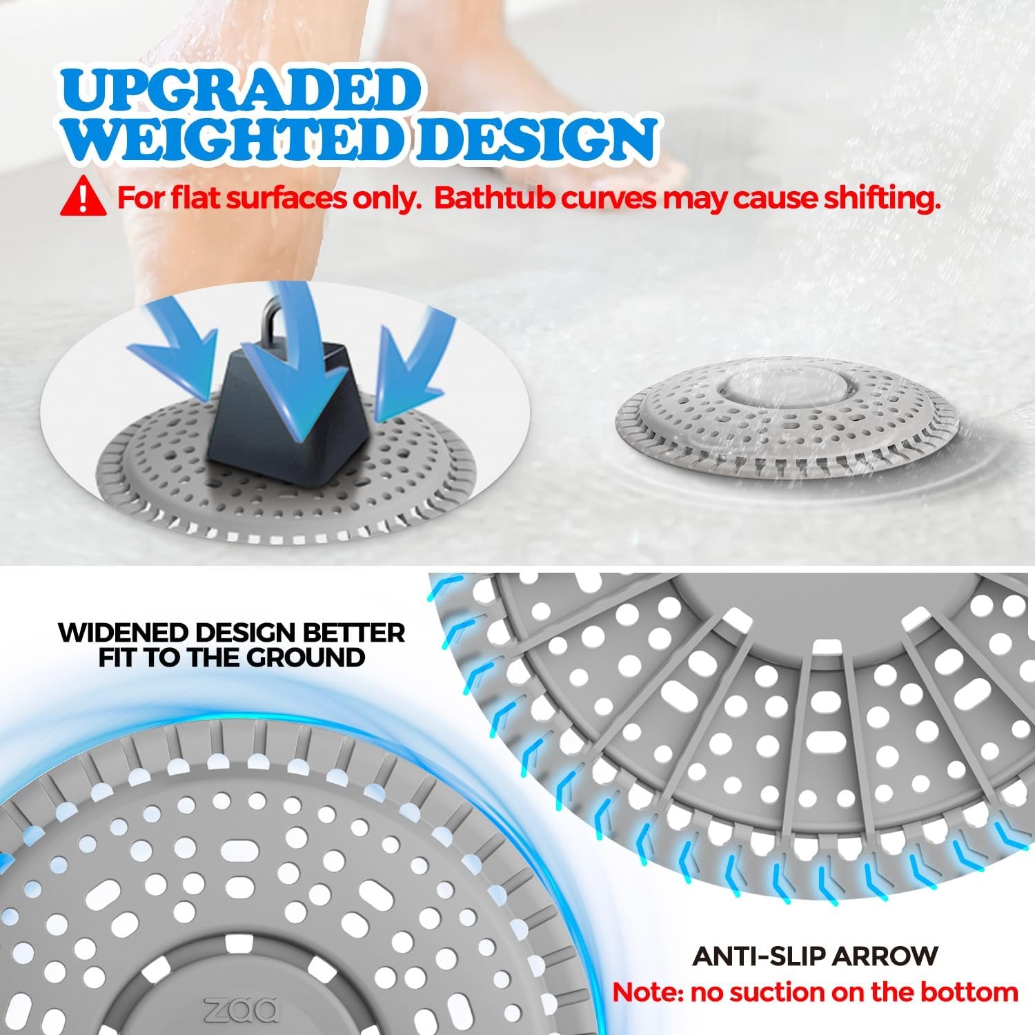 Silicone Shower Drain Cover 14cm Weighted Hair Catcher (2 Pack, Grey): image 2
