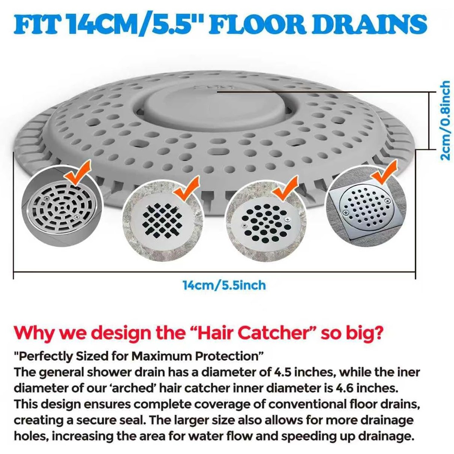 Silicone Shower Drain Cover 14cm Weighted Hair Catcher (2 Pack, Grey): image 4
