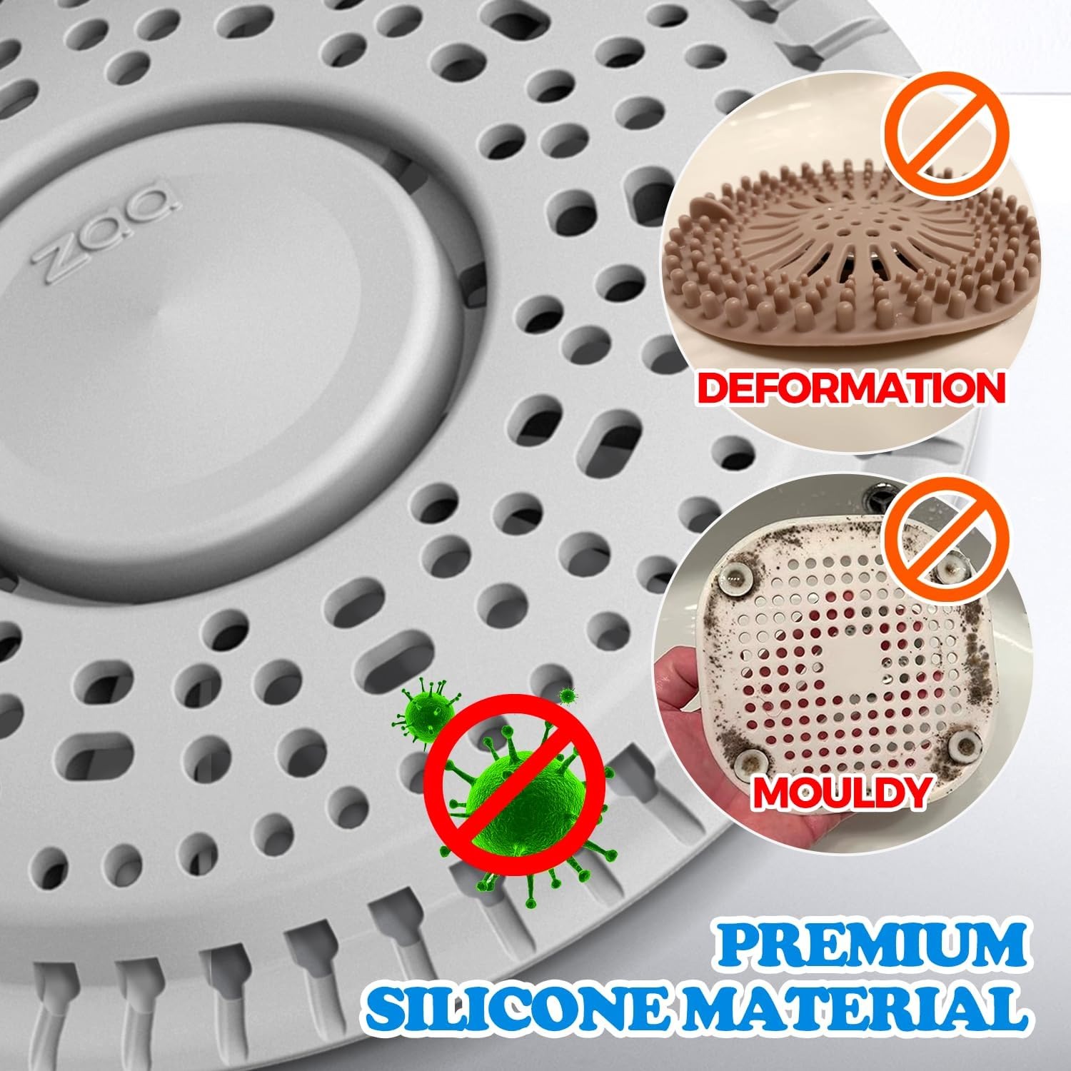 Silicone Shower Drain Cover 14cm Weighted Hair Catcher (2 Pack, Grey): image 5