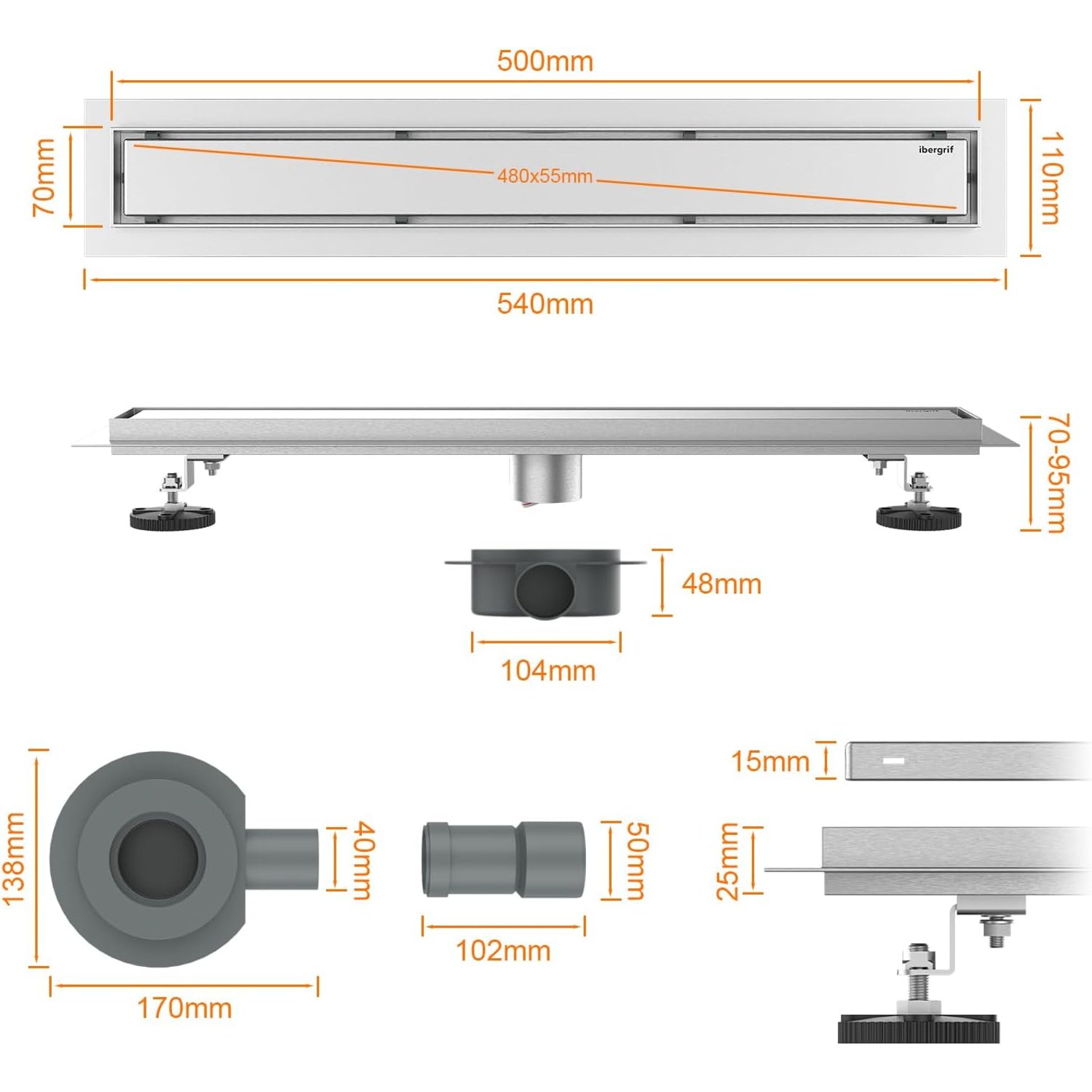 500mm Linear Shower Drain with Reversible Tile-Insert Cover: image 2