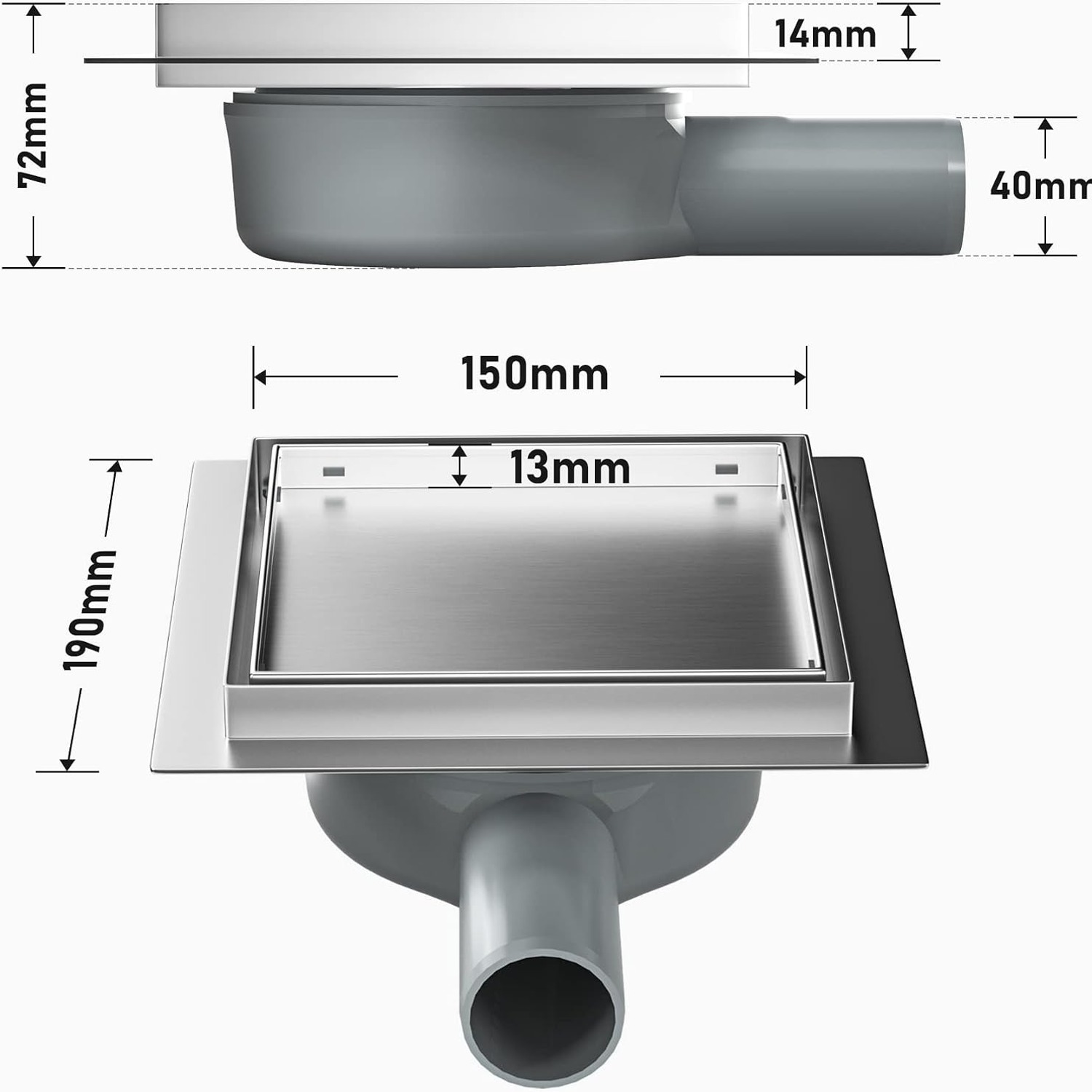 150mm Square Tileable Shower Drain with 360 Degree Siphon: image 2