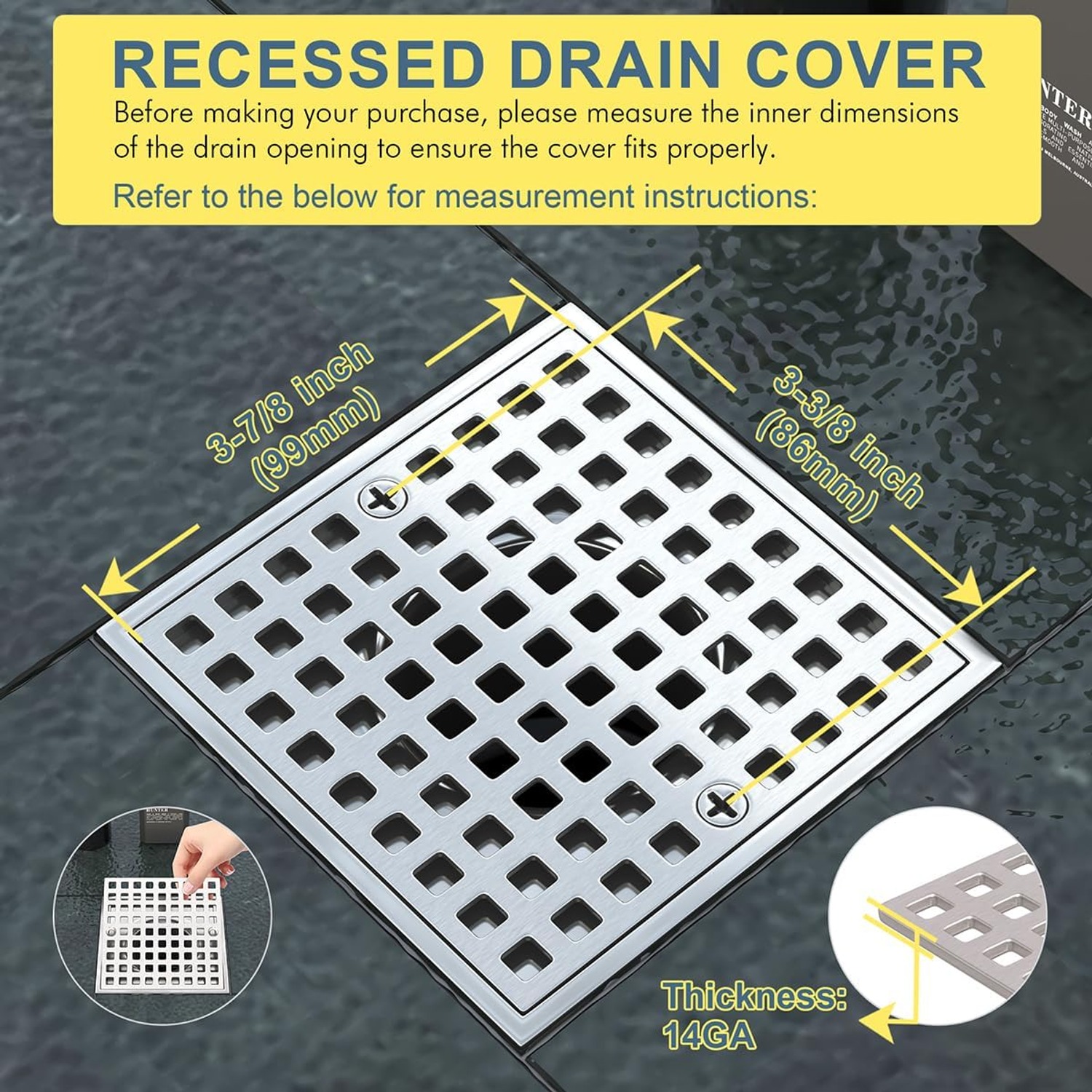 Square Shower Drain Cover in Brushed Nickel Stainless Steel: image 3
